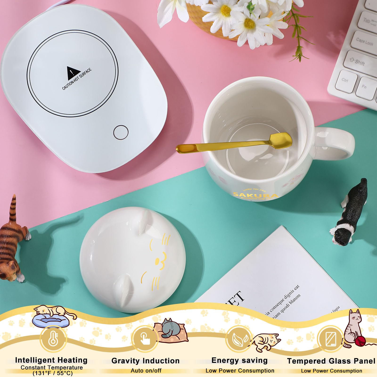 Coffee Cup Warmer Coffee Warmer With Mug For Women Electric Coffee Mug Heater Temperature Control Ceramic Cute Cat Smart Coffee